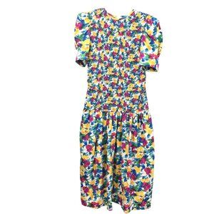 Vintage Plaza South Floral Puff Sleeve Smocked Drop Waist Midi Dress Size 8